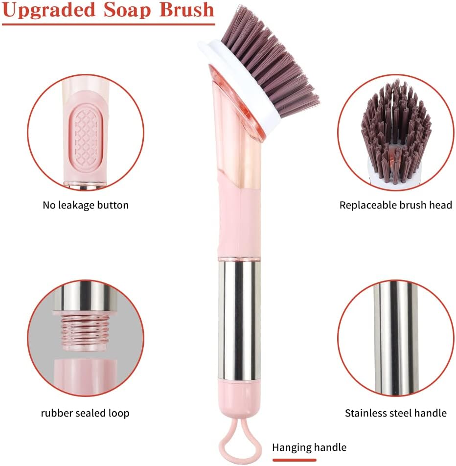 4-in-1 Dish Cleaning Brush Soap Dispensing Dish Brush Set with 4 Replacement Heads and Storage Holder, Kitchen Scrub Brush for Dish Pot Pan Sink Cleaning (Grey)