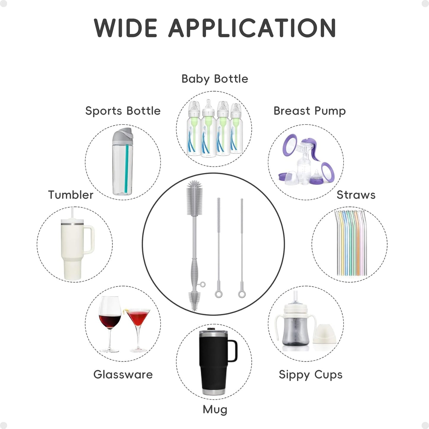 Reusable Silicone Straw Cleaner Brush Set, 2-Pack Extra Long Straw Cleaning Brush for Metal Glass Water Bottle Drinking Straws, Flexible&Bendable Design, Dishwasher Safe, 6mm & 8mm Diameter