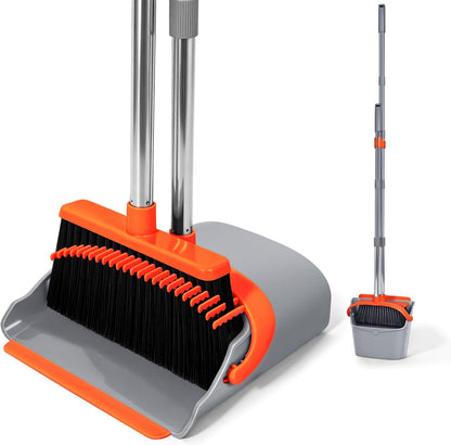 YZO Broom and Dustpan Set, 54.33 Inch Long Handle Standing Design, Dustpan Front Rubber Tight Seal, Broom with 5 Layer Bristles, Suitable for Living Room, Bedroom, Yard, Office and Apartment(Green)