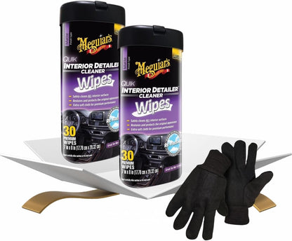 2x Quik Interior Detailer Multi-Surface Cleaner Wipes 30 Ct Bundle with Work Gloves – Convenient Car-Wipes for Dashboard, Vinyl, and Leather Wipes Use — Gift Set (3 Items)