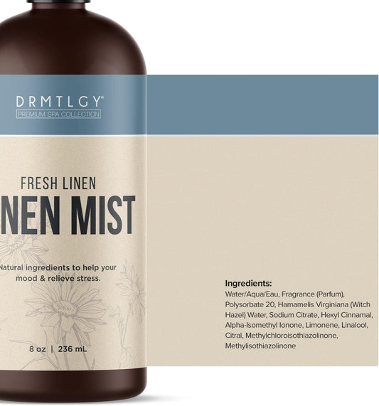 DRMTLGY Natural Lavender Linen Mist and Room Spray. Pure Lavender Essential Oil and Chamomile Pillow Spray, and Fabric Aromatherapy Spray, 8 oz
