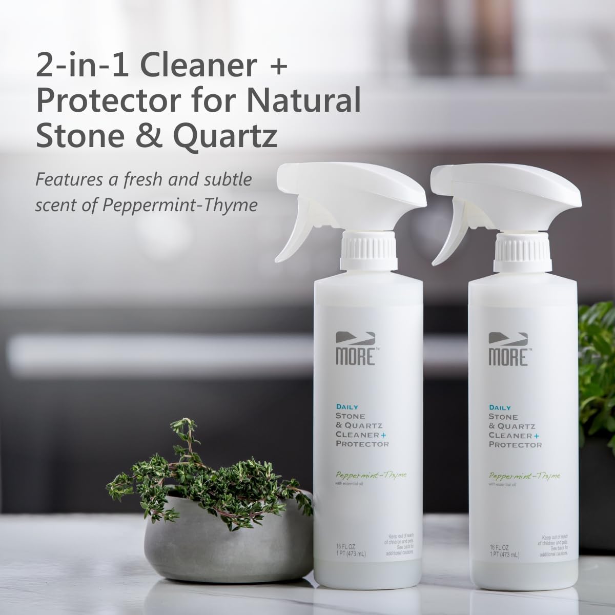 MORE Stone & Quartz Cleaner + Protector - Water-Based Surface Spray - Granite, Quartz & Marble Cleaner - For Kitchen & Bathroom Countertops & Floors - Peppermint-Thyme Essential Oil - Pint (16oz)