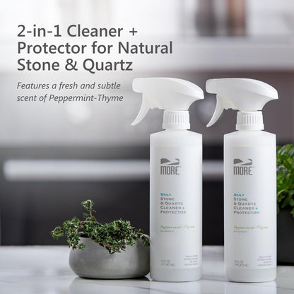 MORE Stone & Quartz Cleaner + Protector - Water-Based Surface Spray - Granite, Quartz & Marble Cleaner - For Kitchen & Bathroom Countertops & Floors - Peppermint-Thyme Essential Oil - Pint (16oz)