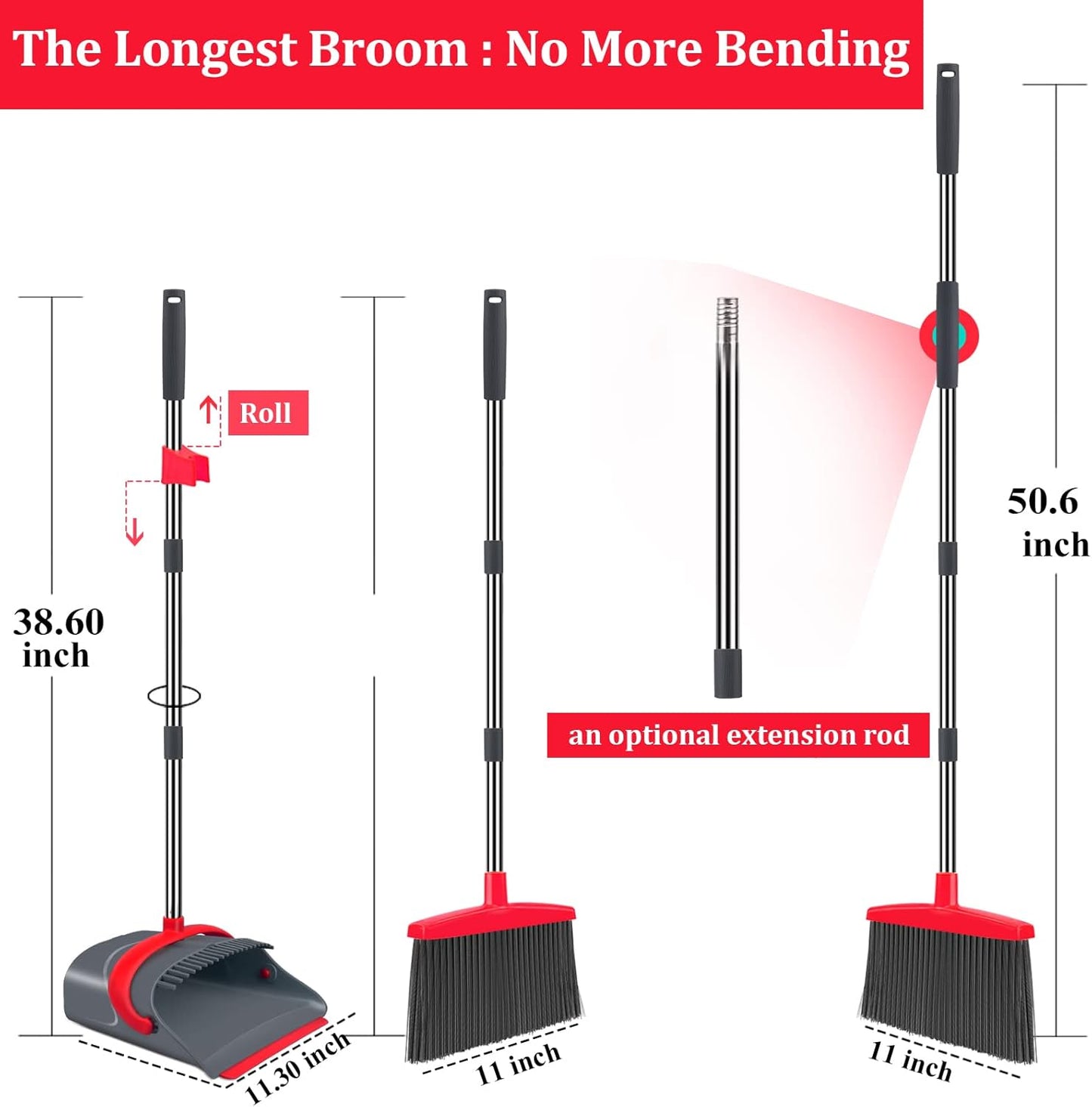 Ivandar Broom and Dustpan Set for Home, Broom and Dustpan Combo for Office, Long Handle Broom with Upright Standing Dust pan,Indoor&Outdoor Sweeping (Gray&Orange)