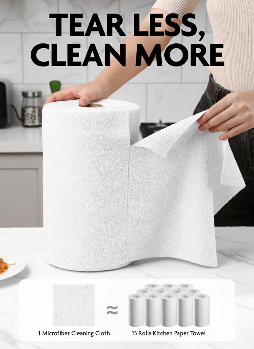 Fantasticlean Microfiber Cleaning Cloth Roll -40 Pack, Tear Away Microfiber Towels, 12" x 12", Reusable, Washable, Scratch Free, Ultra Absorbent Dishcloth for All-Around Cleaning Supplies (White)