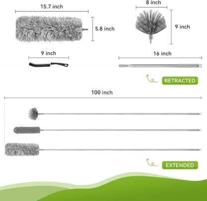 100-inch Duster with Extension Pole, 9-in-1 Cobweb Duster Kit Includes Spider Web Brush & Flat Gap Cleaner for High Ceiling, Fan, Under Appliances, Car, Home Deep Cleaning