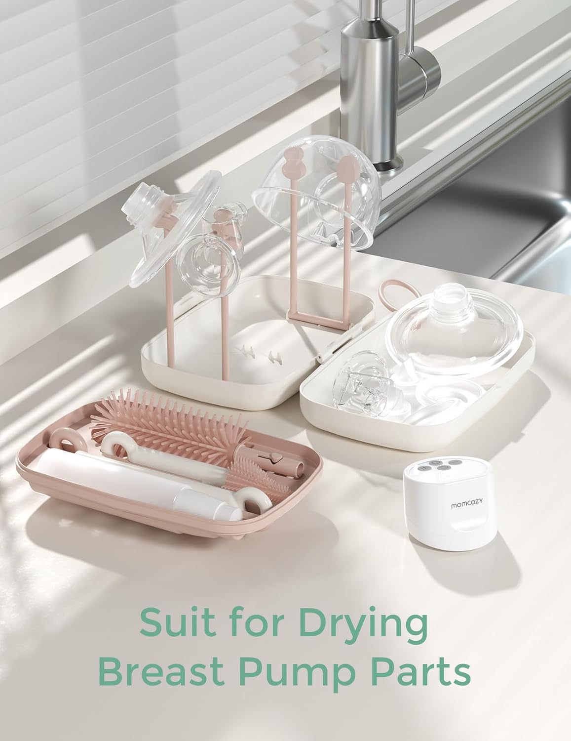 Momcozy Bottle Brush Set - Baby Bottle Cleaner Kit with Silicone Brush, Nipple Brush, Straw Brush, Soap Dispenser, Drying Rack - 7 in 1 Bottle Cleaning Tool for Home and Travel, Green