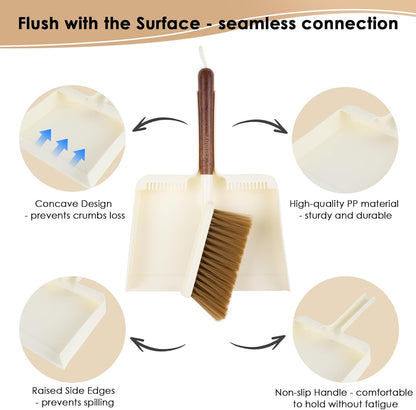 Hand Broom and Dustpan Set,Portable Small Dustpan and Brush Set with Sapele Wood Handle,Teeth Design,Compact Hangable Broom with Dustpan for Cleaning Desktops Kitchen Sofa Pet Hair,Beige
