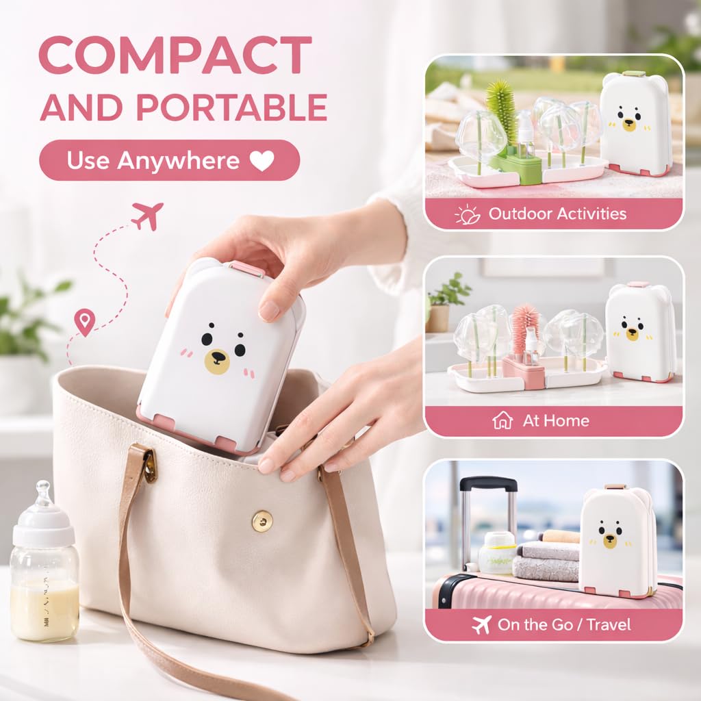 Travel Bottle Cleaner kit, 7in1 Baby Toddler Travel Essential Silicone Bottle Brush Set, Nipple, Drying Rack, Straw, & Breast Pump Cleaning, Soap Dispenser & Organizer Case, Gift Mom