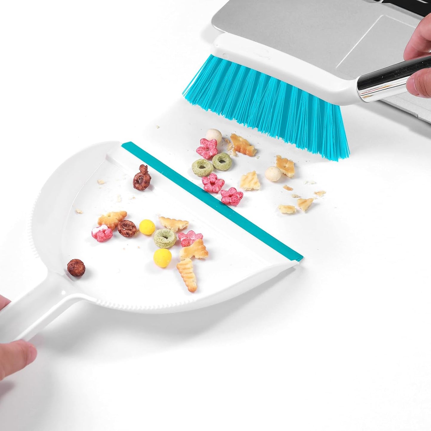 NACENA Mini Broom and Dustpan Set, Small Dust Pan and Brush Set with Handle Dustpan Teeth for Cleaning Hair Suitable for Office Desks Drawers Sofas Outdoor Camping, Light & Purple