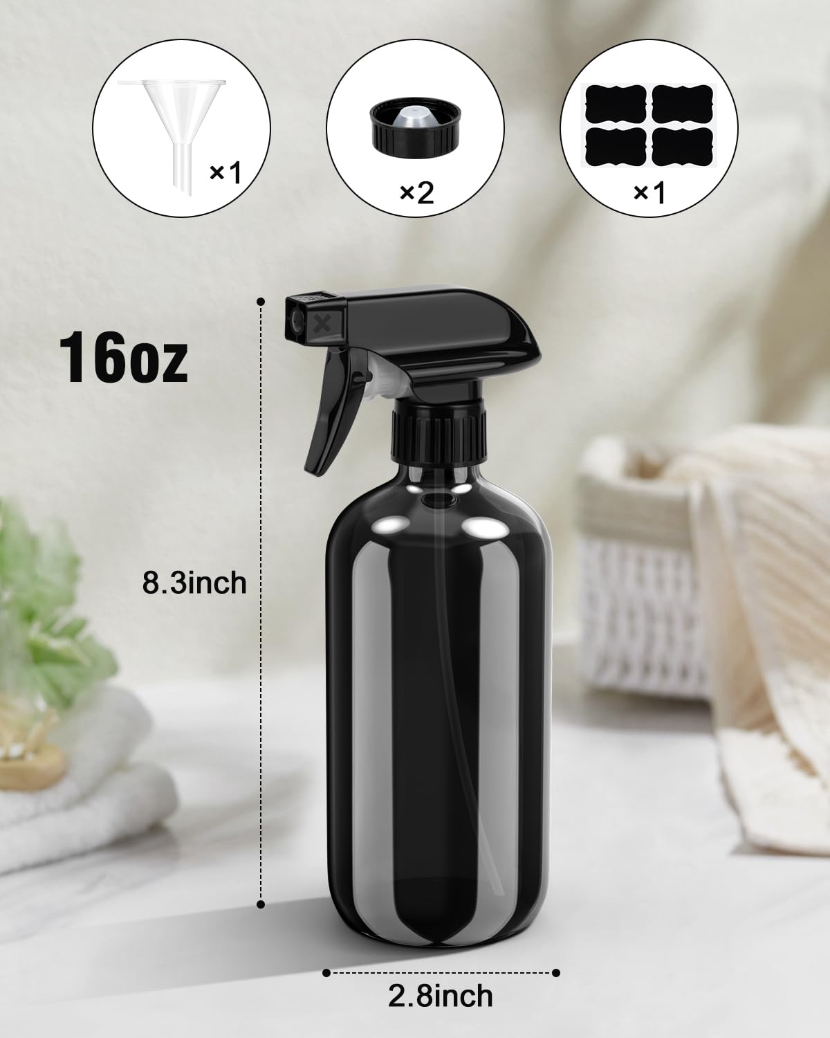 Bontip Glass Spray Bottle, Amber Glass Spray Bottle Set & Accessories Refillable for Plants Window Cleaners Aromatherapy Facial Hydration Watering Flowers Hair Care (2 Pack/16 oz) (Amber)