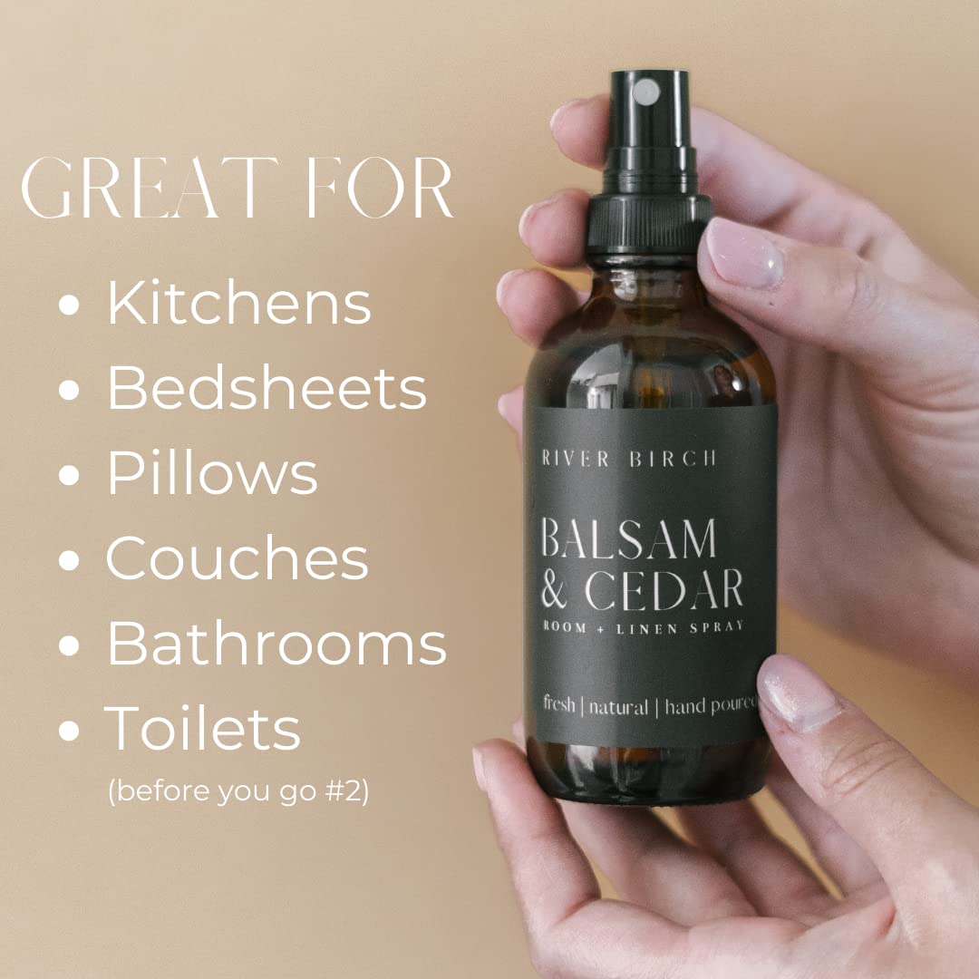 River Birch Luxury Linen and Room Spray - Home Signature Scent Balsam and Cedar Room Fragrance Spray - Fragrant Fresh Linen Air Freshener For Bedding - Handmade in Texas - 4 oz Glass Amber Bottle