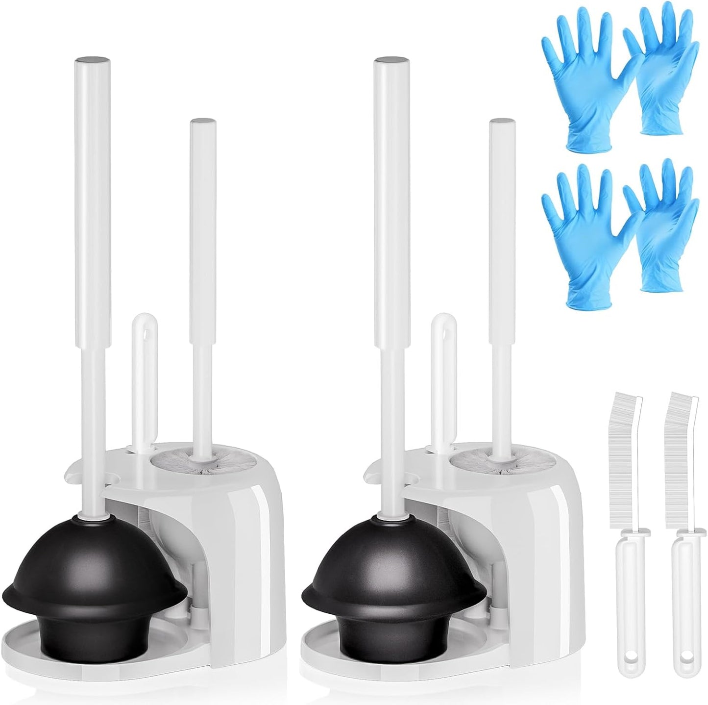 2 Pack 4 in 1 Toilet Brush and Plunger Set with Crevice Cleaning Brush, Toilet Plunger and Brush Set with Extra Long Handle, Plungers for Bathroom Accessories, Toilet Plunger with Holder, Black, Pack