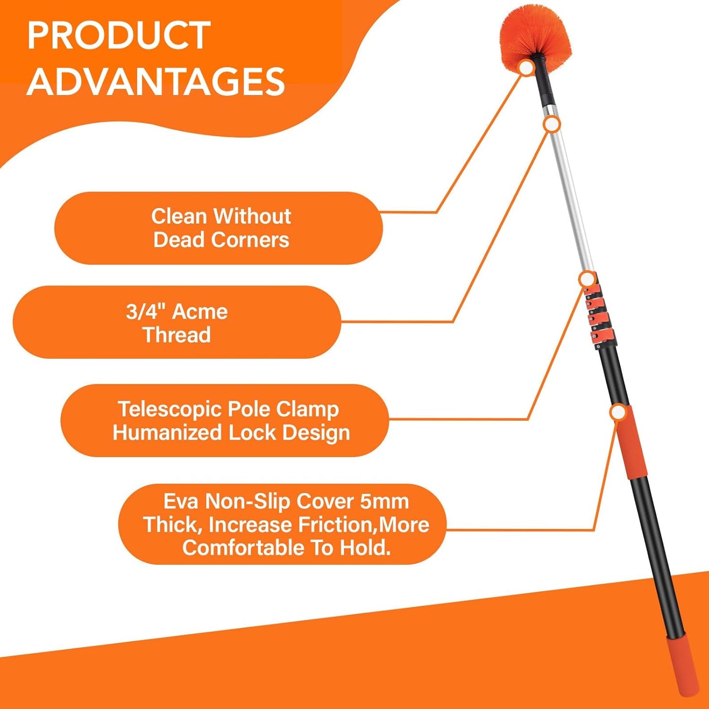 26FT Reach Cobweb Duster with Extension Pole - Spider Web Brush with 5-20 FT Telescopic Aluminum Pole, Washable & Reusable Soft Bristles for Cleaning High Ceiling Corner, Indoor, Outdoor