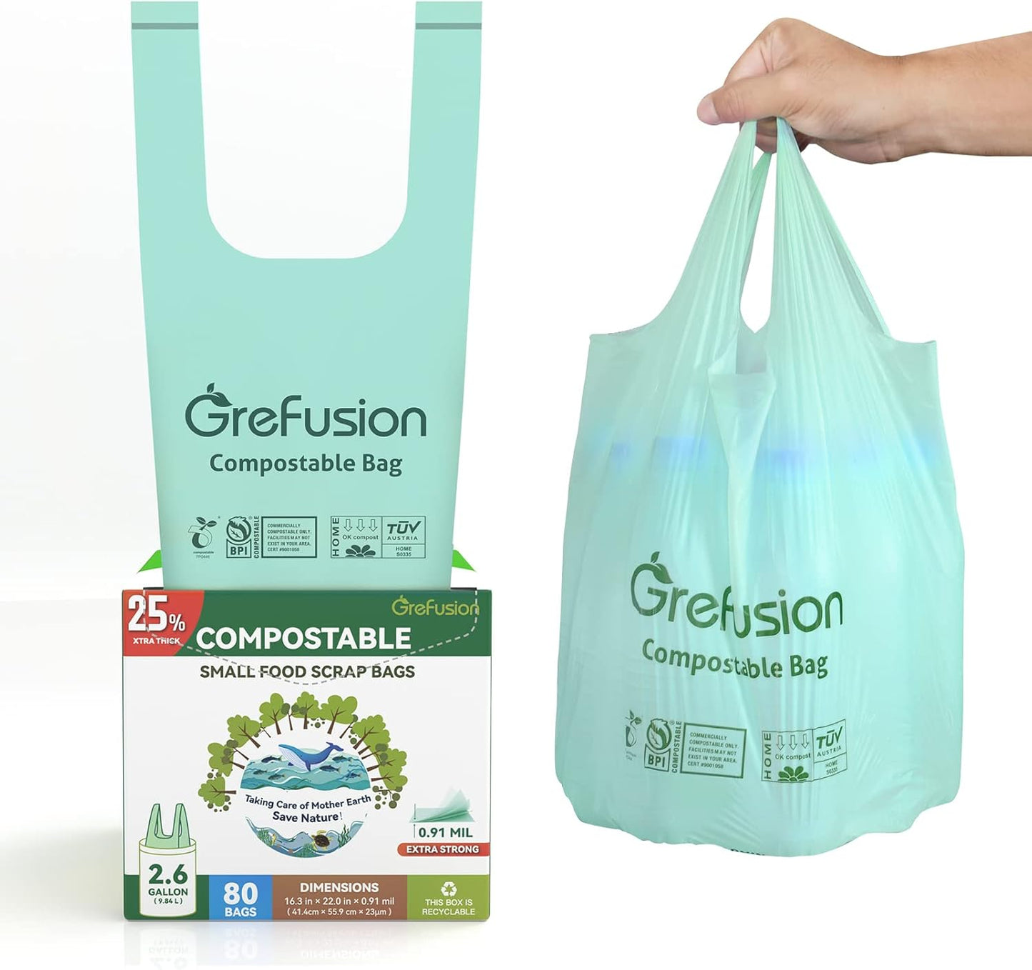 GreFusion Compostable Bags 1.2 Gallon,125 Count, Fits 0.75,1,1.2,1.3,1.6,1.8 Gallon Countertop Bin, Small compost bags, Certified by BPI, ASTM D6400 and OK Compost