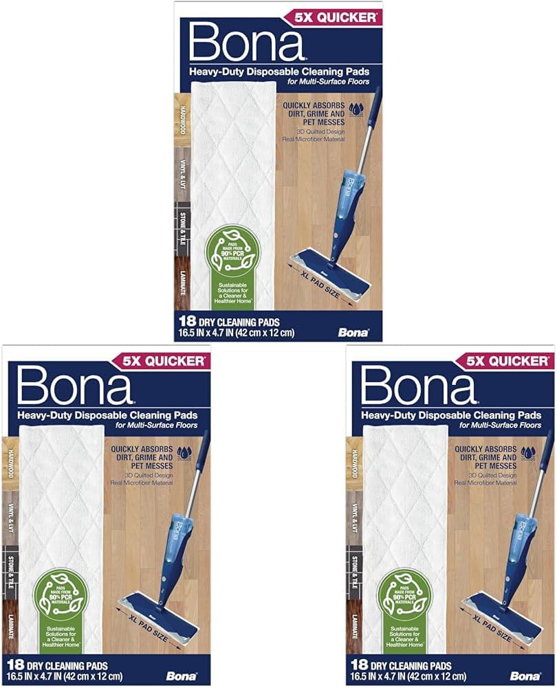Bona Multi-Surface Floor Cleaning Pads - 18 Refills - Heavy-Duty, Disposable, Microfiber Pads for Easy Floor Cleaning