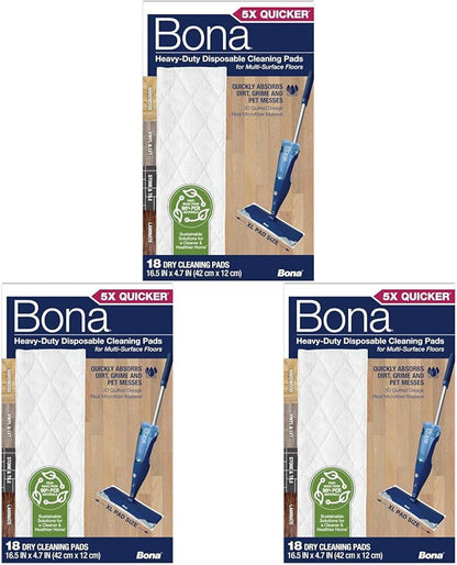 Bona Multi-Surface Floor Cleaning Pads - 18 Refills - Heavy-Duty, Disposable, Microfiber Pads for Easy Floor Cleaning