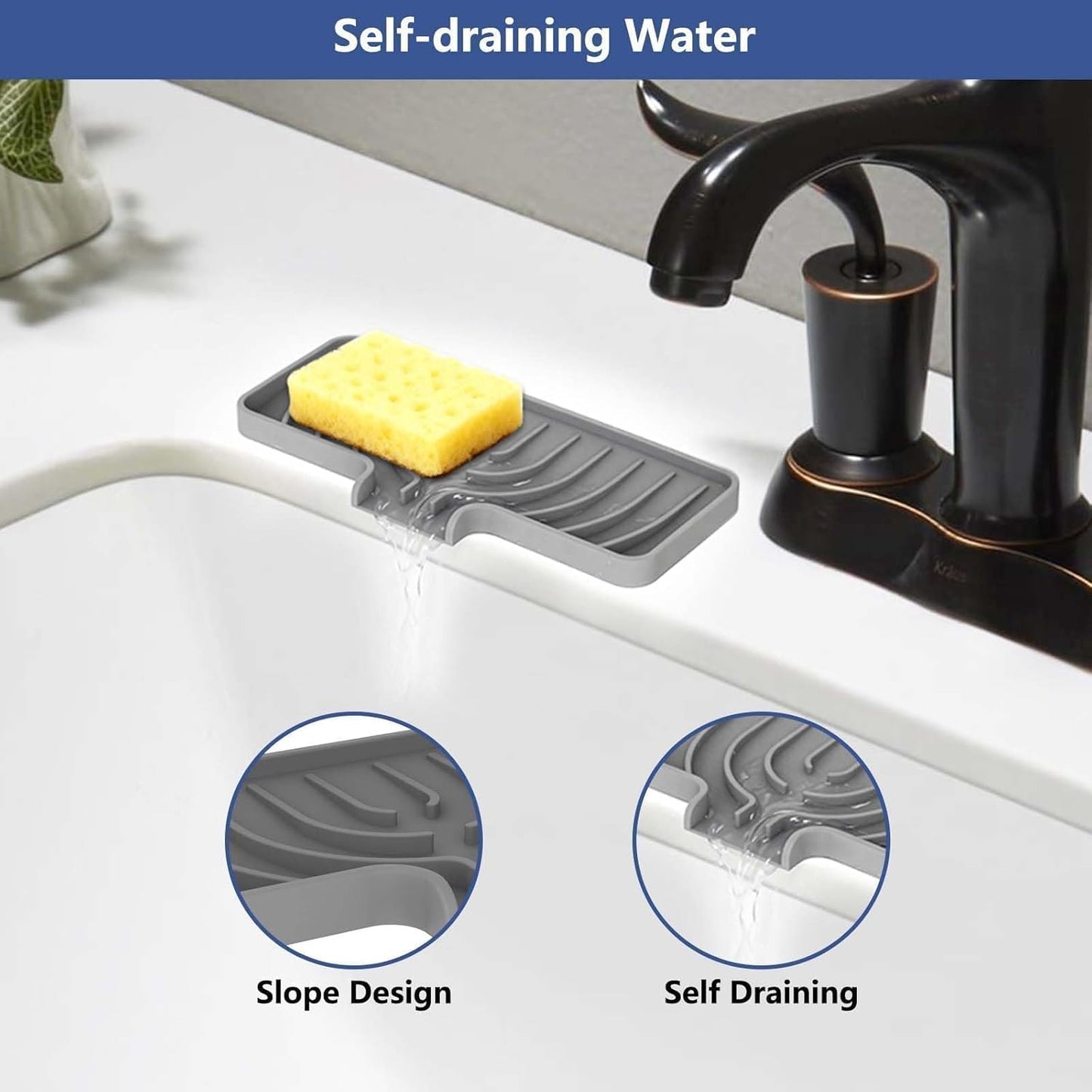 JACZZO Silicone Sponge Holder for Kitchen Sink With Drain Spout, Self Draining, Kitchen Soap Tray, Bathroom Organizer, Sink Caddy (Grey, 10×4)
