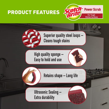 Scotch-Brite Power Scrub with Steel mesh for Utensil Cleaning- for Tough Stain Removal- Pack 5