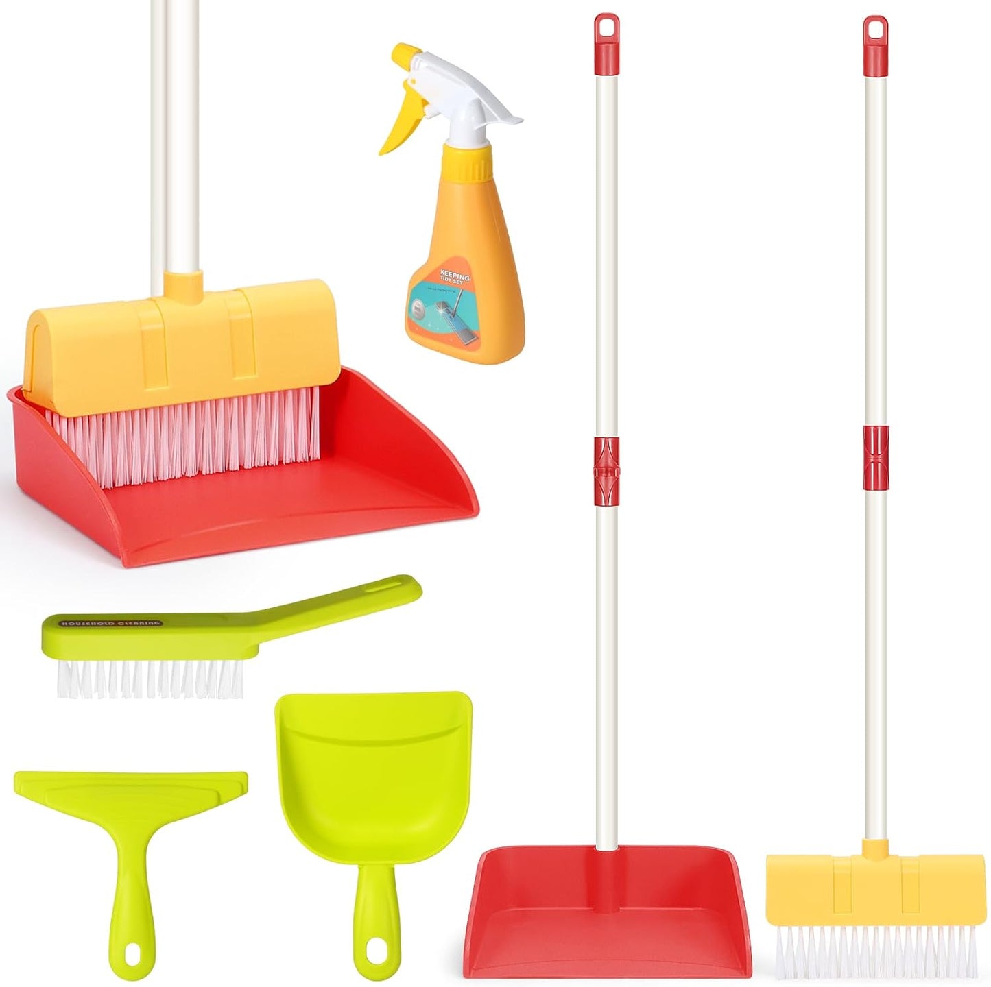 Kids Cleaning Toy Set Toddlers Broom Dust Pan Set for Housekeeping Pretend Play Cleaning Set, Cleaning Toys Gift for Toddlers Girls Boys Age 3-6 Years Old (2PCS - Red and Yellow Set)