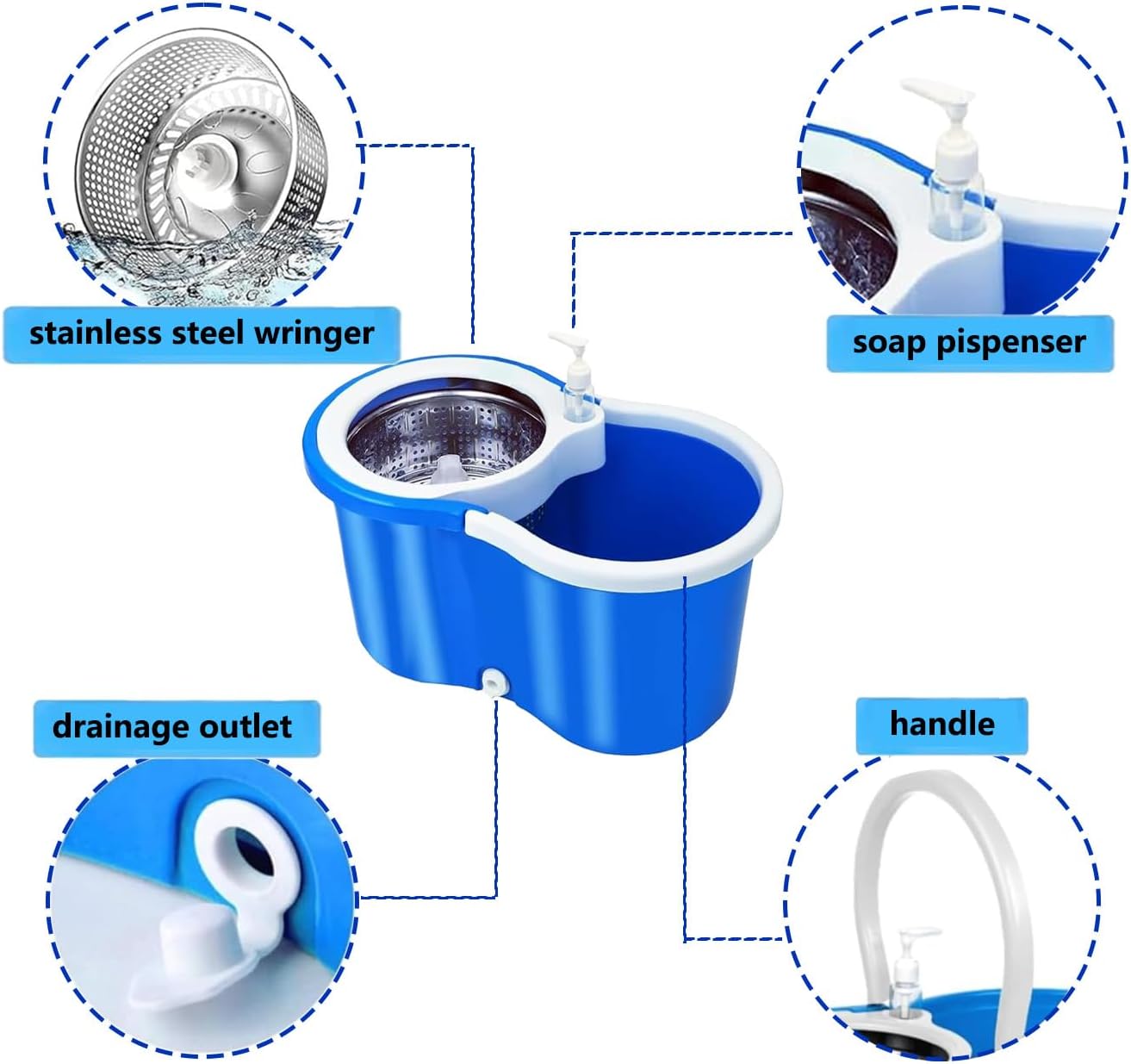 Spin Mop and Bucket with Wringer Set,for Floor Cleaning,with Floor Scrub Brush,61" Adjustable Handle and 6 Microfiber Mop Head(White)
