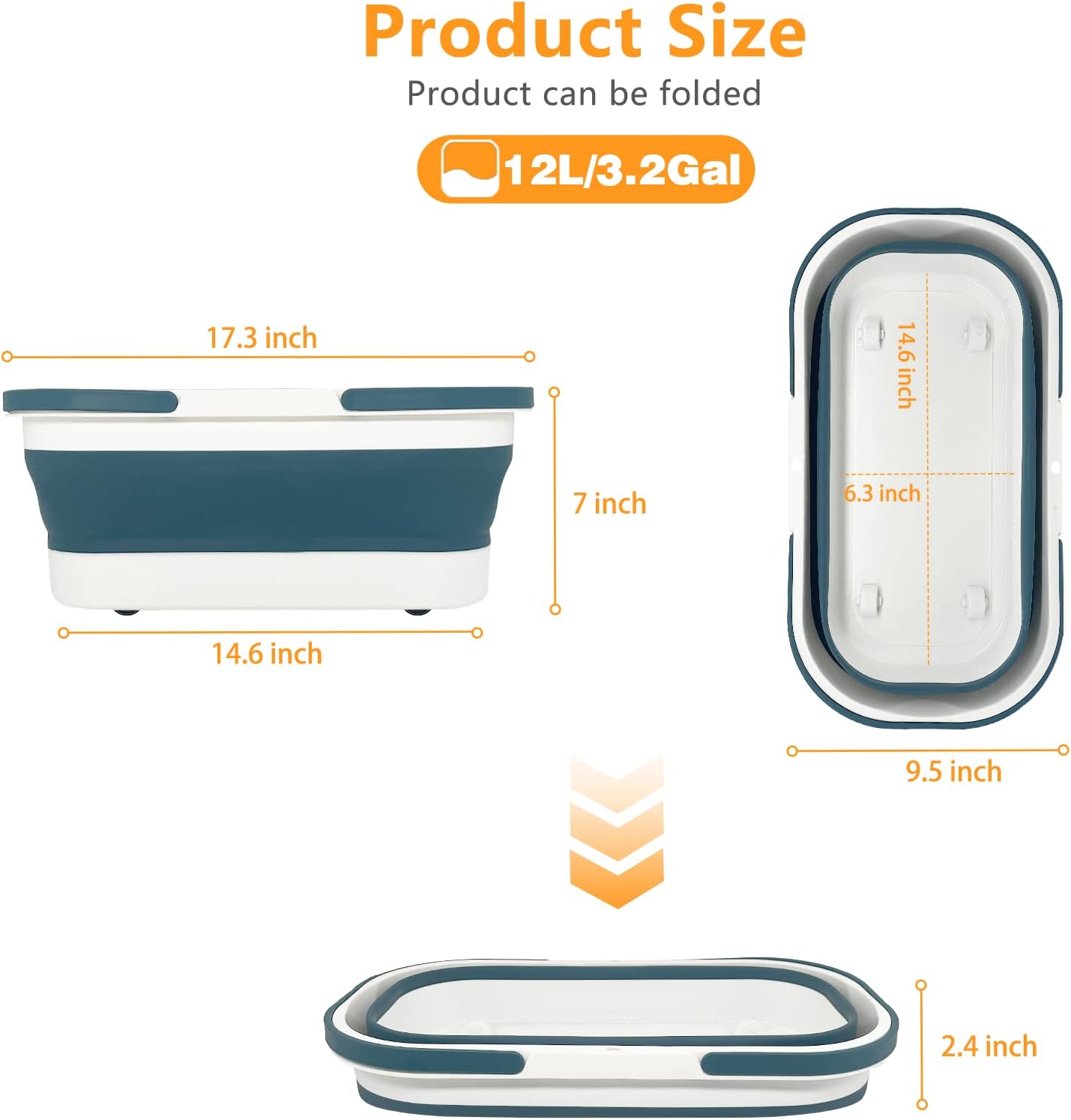 Goderewild Collapsible Plastic Bucket with Wheels 12L (3.17 Gallon) for House Cleaning, Camping, and RV - Multi-Purpose Rectangular Handy Basket for Cleaning Mop - Lightweight and Portable (Grey)