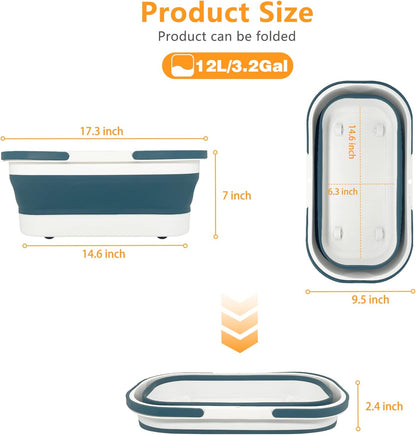 Goderewild Collapsible Plastic Bucket with Wheels 12L (3.17 Gallon) for House Cleaning, Camping, and RV - Multi-Purpose Rectangular Handy Basket for Cleaning Mop - Lightweight and Portable (Grey)