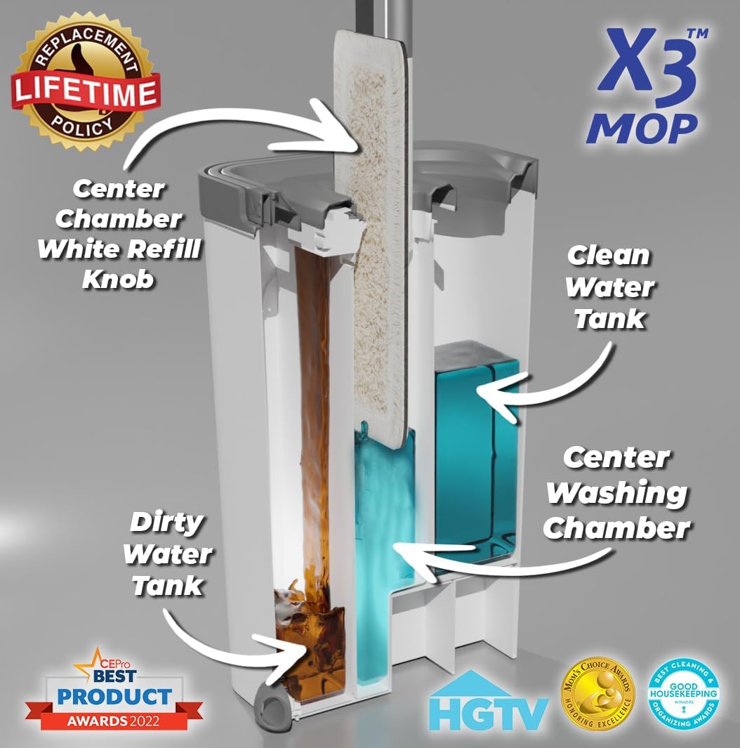 X3 Mop, Separates Dirty and Clean Water, 3-Chamber Design, Flat Mop and Bucket Set, Hands Free Home Floor Cleaning, 3 Reusable Microfiber Mop Pads Included (Original X3 Mop)