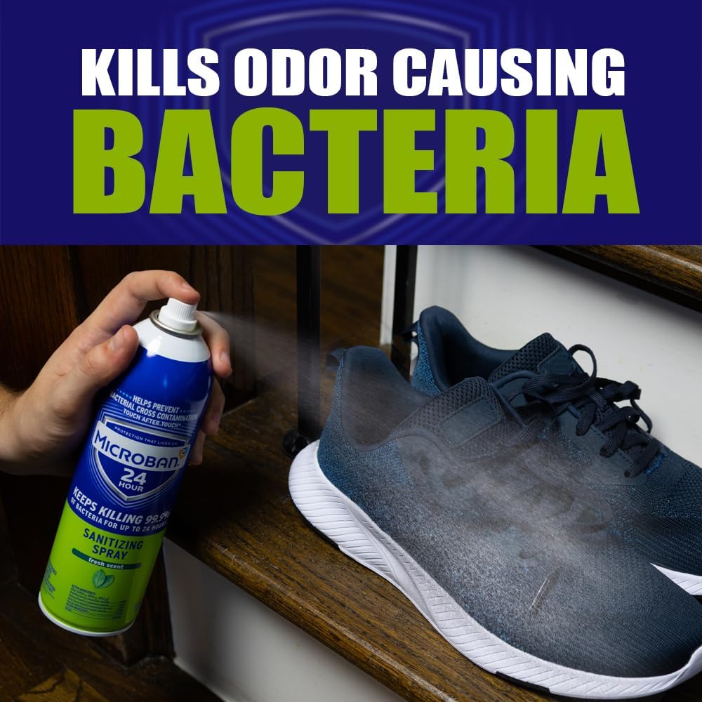 MICROBAN Sanitizing Spray, 15 oz., 2 Pack, Fresh Scent, Disinfects, Sanitizes, Eliminates Odors, and Keeps Killing 99.9% of Bacteria on Hard, Non-Porous Surfaces in Home for up to 24 Hours