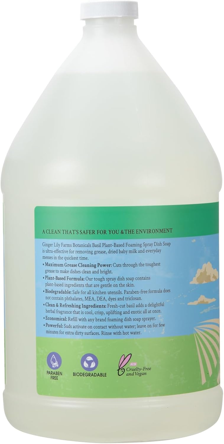 Ginger Lily Farms Botanicals Plant-Based Foaming Spray Dish Soap, Concentrated Formula with Max Grease Cleaning Power, Cruelty-Free, Lavender Chamomile Scent, 1 Gallon Refill (128 Fl Oz)