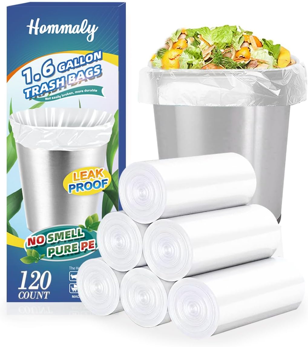 Hommaly 2 Gallon (1.8-2 Gal)120 pcs Small Clear Trash Bags, Strong 1.8 Gallon Garbage Bags, Bathroom Trash Can Bin Liners Unscented, Mini Plastic Bags for Office, Waste Basket Liner,Fit 6,7,8 Liters