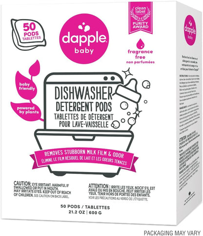 Dapple Baby Dishwasher Pacs, Hypoallergenic Dishwasher Pods Powered by Plants, Removes Milk Residue & Odor on Dishes, Baby Bottles & Kitchenware, Fragrance Free, 50 count