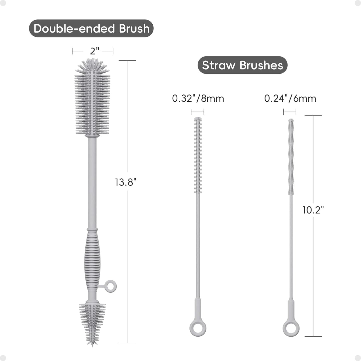 Reusable Silicone Straw Cleaner Brush Set, 2-Pack Extra Long Straw Cleaning Brush for Metal Glass Water Bottle Drinking Straws, Flexible&Bendable Design, Dishwasher Safe, 6mm & 8mm Diameter