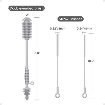 Reusable Silicone Straw Cleaner Brush Set, 2-Pack Extra Long Straw Cleaning Brush for Metal Glass Water Bottle Drinking Straws, Flexible&Bendable Design, Dishwasher Safe, 6mm & 8mm Diameter
