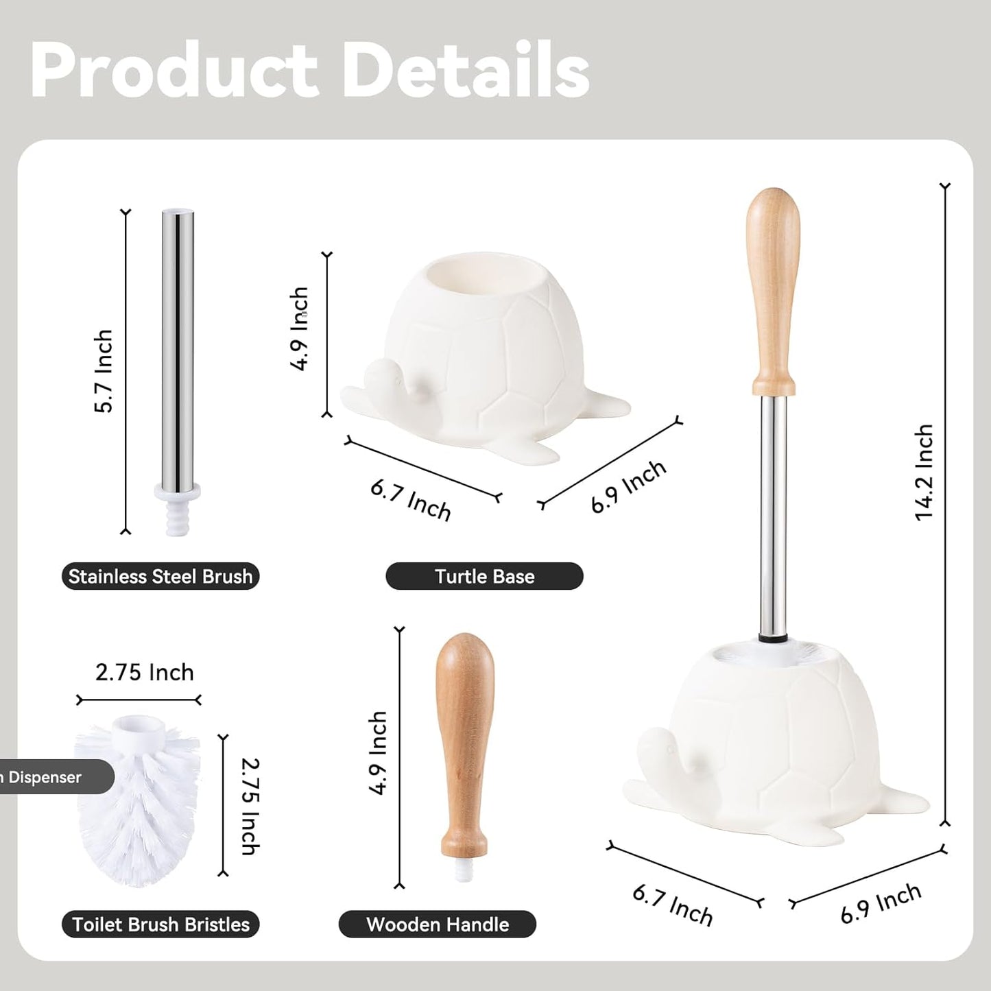 Turtle Base Toilet Brush Set - Gold Ceramic Toilet Scrubber Brush 7.5” Bowl Cleaner with Ergonomic Handle, Mini Cute Bathroom Cleaning Brush - Bathroom Decor