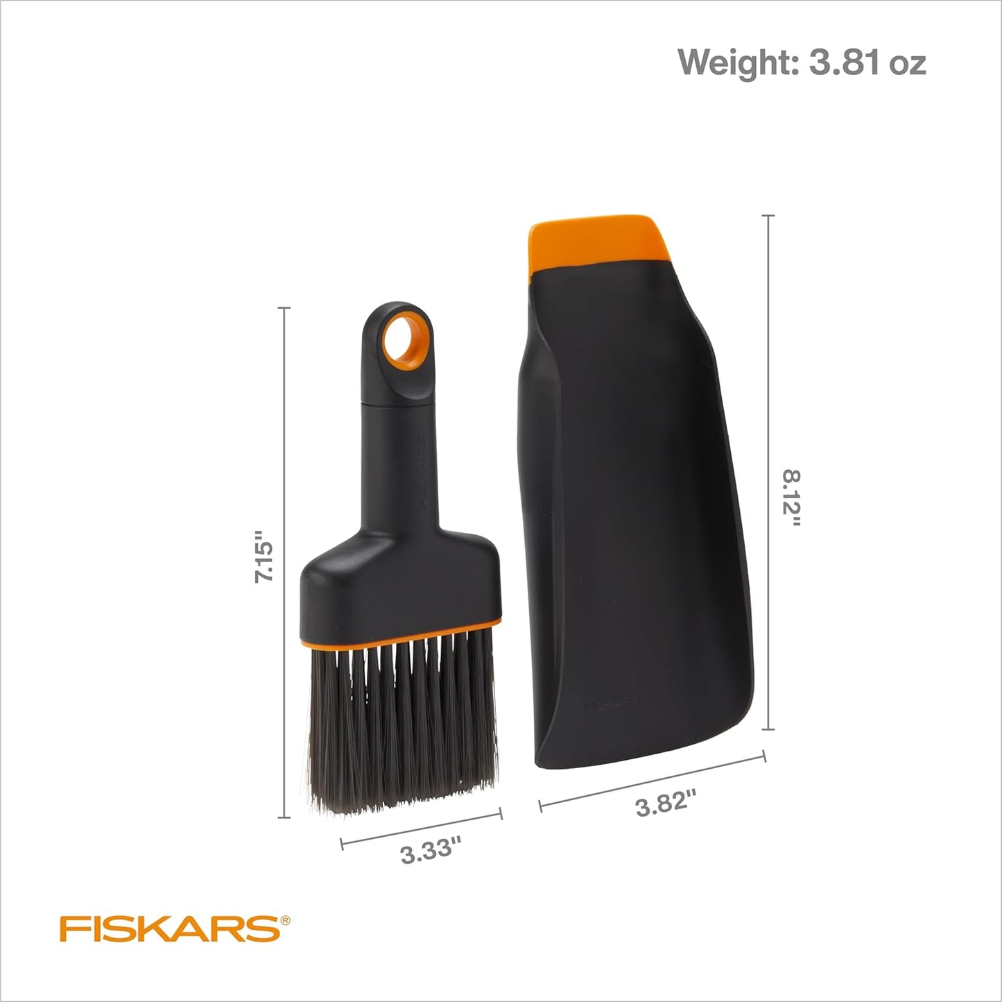 Fiskars Planting Soil Scoop & Brush Set, Dual-Sided Tool for Indoor Digging & Cleanup, Narrow Rigid End & Flexible Dustpan for Potting, Soft Bristles Sweep Debris, Recycled Plastic