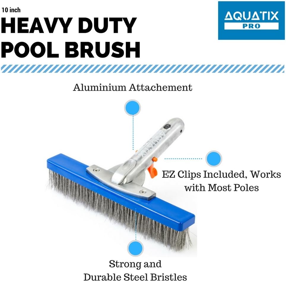 Aquatix Pro Heavy Duty 5" Pool Brush, Durable Stainless Steel Bristles, Aluminium Handle, Tackles & Cleans Stubborn Stains in Swimming Pools, Steps, Walls, Tiles, Best for Concrete & Gunite Surfaces