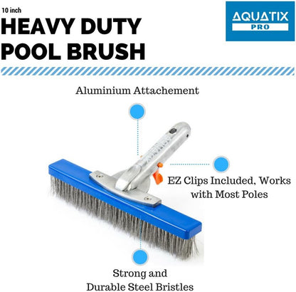 Aquatix Pro Heavy Duty 5" Pool Brush, Durable Stainless Steel Bristles, Aluminium Handle, Tackles & Cleans Stubborn Stains in Swimming Pools, Steps, Walls, Tiles, Best for Concrete & Gunite Surfaces
