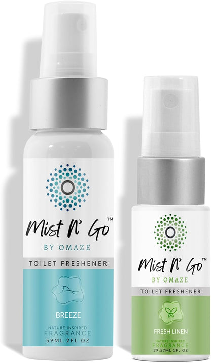 Mist N’ Go by Omaze Travel Bathroom Spray for Toilet Spray Odor Eliminator - Travel Toilet Spray for Bathroom Air Freshener Spray for Bathroom Deodorizer - Clean Mix, Travel Size (1oz x2)