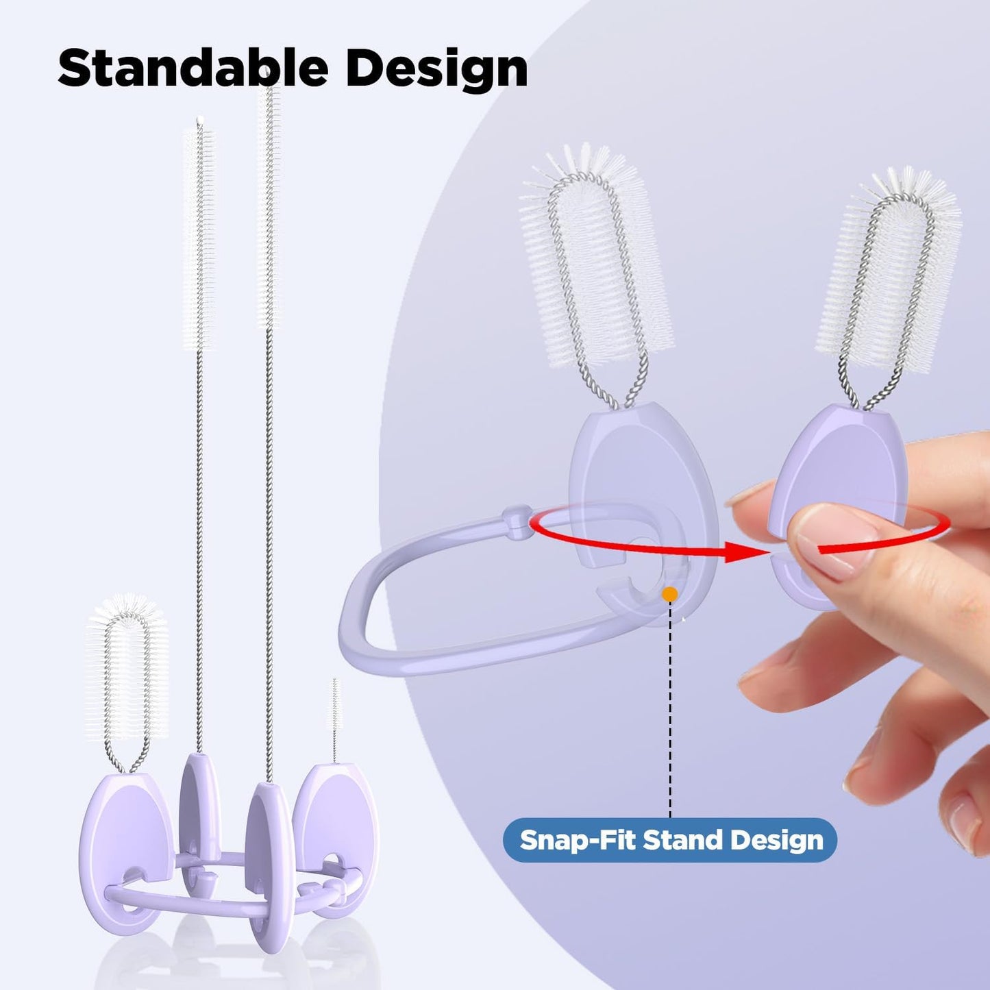 Straw Cleaner Brush Set for 𝗦𝘁𝗮𝗻𝗹𝗲𝘆, Baby Bottles and Sippy Cups,4 in 1 Standing & Hanging Cleaning Set with Holder Ring – Reusable Cleaner for Cup Lids, Spouts and More.(Purple)