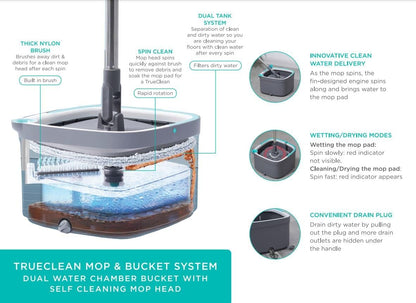 True & Tidy® True Clean Mop and Bucket System, Includes Square Spin, Dual Compartment Mop Bucket and 2 Thick Machine Washable Pads New Upgraded with Side Brush & Self Standing Handle, Rose