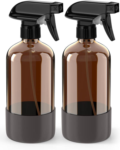 Bontip Glass Spray Bottle with Silicone Sleeve Protection, Amber Glass Spray Bottle Set for Window Cleaner Aromatherapy Facial Hydration Watering Flowers Hair Care 2 Pack/16 oz (Black & Brown)