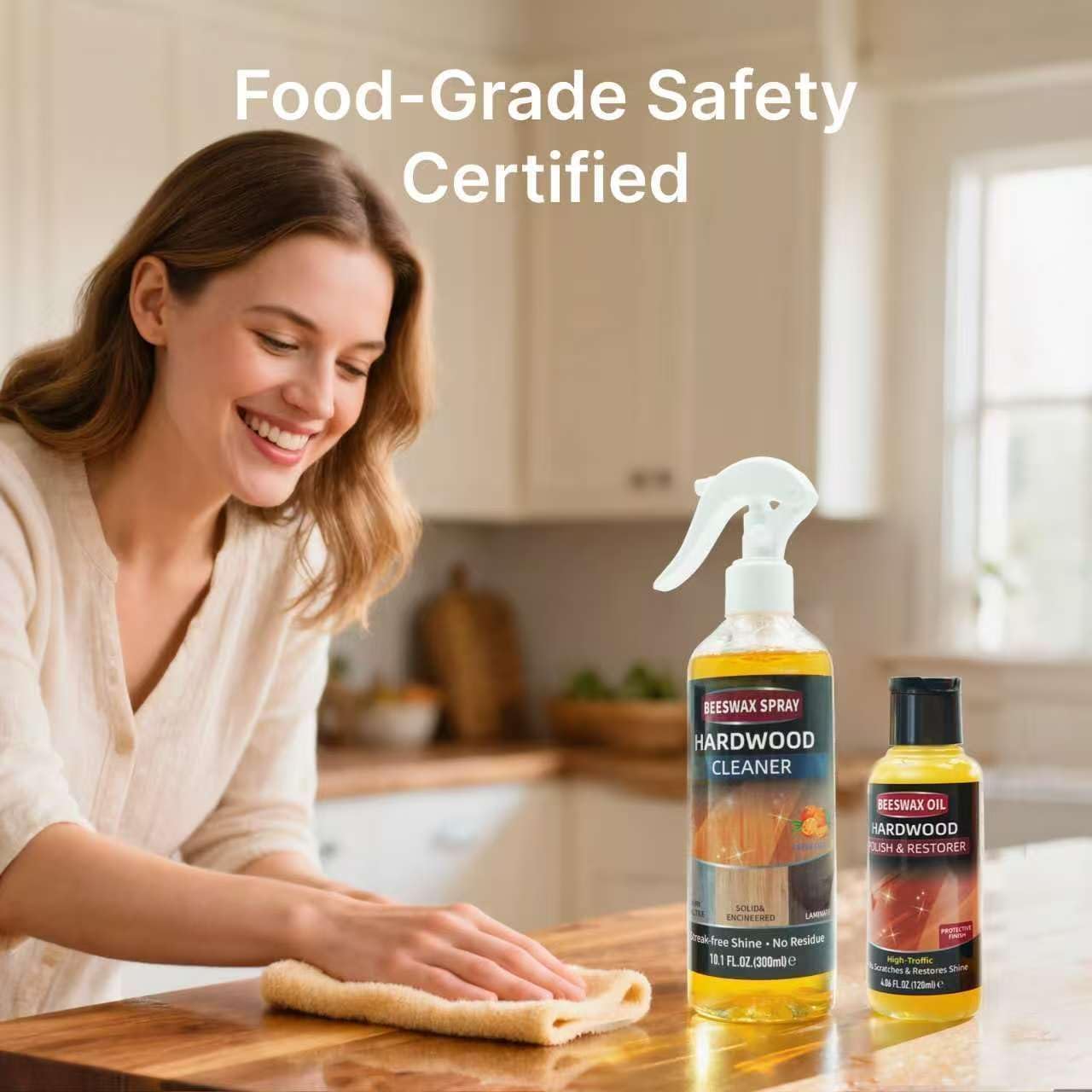 MOODTALK Furniture Polish Kit: Wood Cleaner Spray & Nourishing Care Oil – For Floors, Kitchen Tables, Desks & All Home Wood Furniture (300ml+120g)