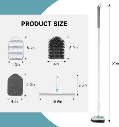 nacena Shower Scrubber with Long Handle, 3 in 1 Tile Tub Scrubber Brush with 3 Detachable Cleaning Heads Adjustable Handle Shower Cleaner Brush for Bathroom, Kitchen, Toilet, Wall, Sink, Blue White
