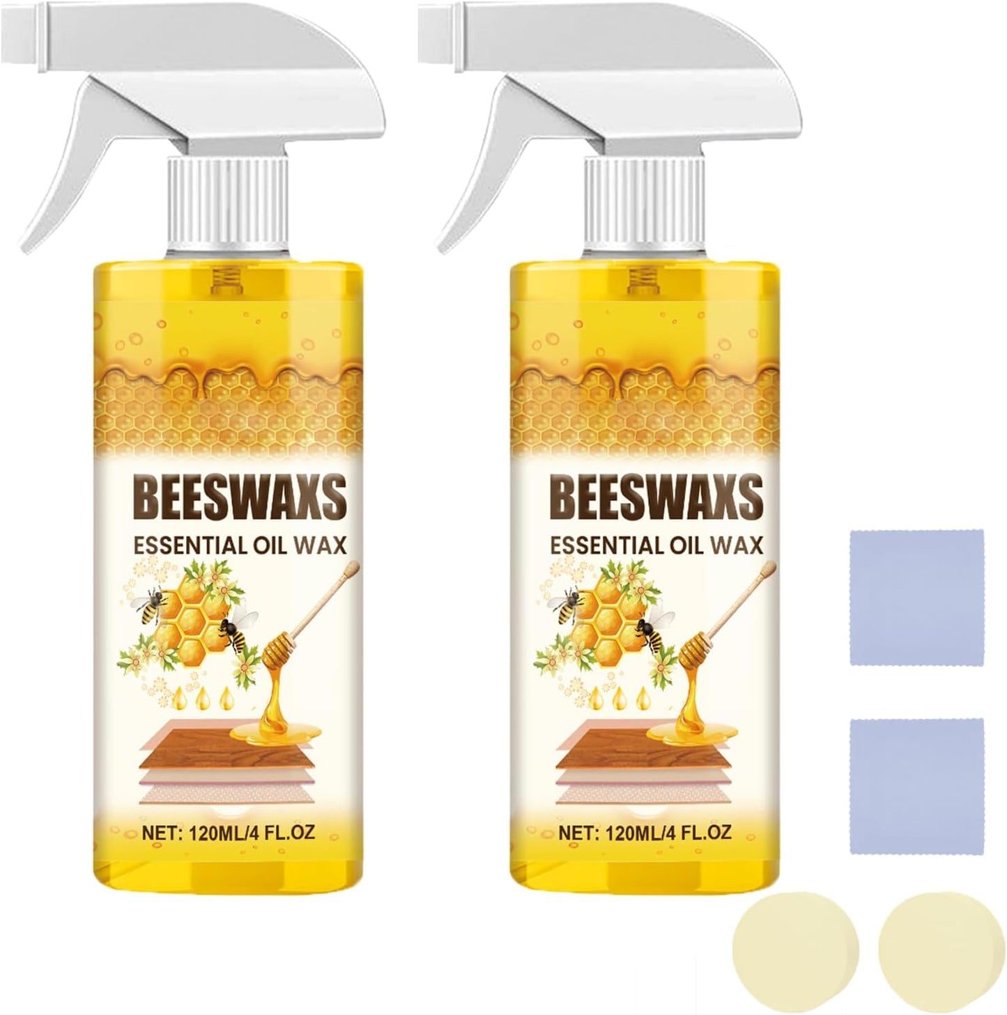 Natural Beeswax Wood Polish Spray, Furniture Polish with Beeswax for Wood Cabinets Tables & Floors, Wood Cleaner and Conditioner Spray for Restoring Shine (2pcs)
