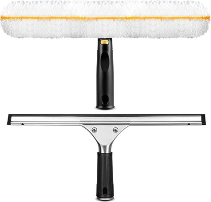 Window Cleaning Squeegee Kit- 14" Squeegee & Microfiber Rotatable Window Scrubber,All-Purpose Tile Shower Walls Window Glass Car Windshield Mirrors,Reusable Microfiber Sleeve