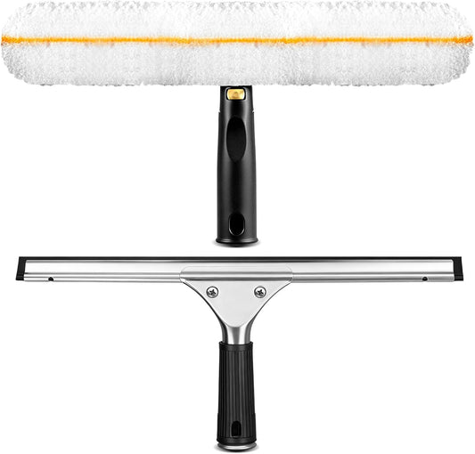 Window Cleaning Squeegee Kit- 14" Squeegee & Microfiber Rotatable Window Scrubber,All-Purpose Tile Shower Walls Window Glass Car Windshield Mirrors,Reusable Microfiber Sleeve