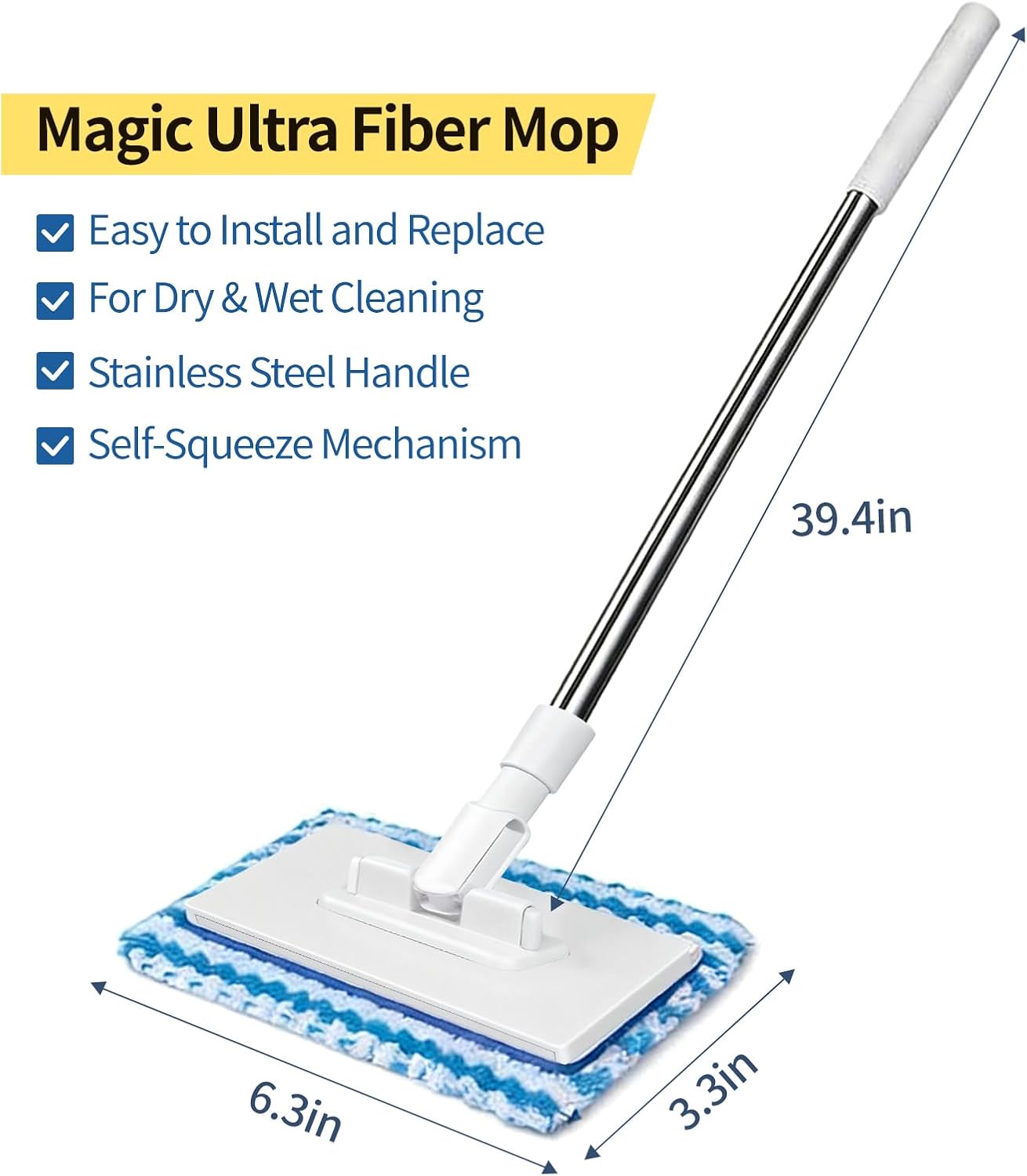 Snap Grip Mini Mop with Cloth Changing, Lazy with Automatic Gripping, Convenient Zero-Touch Set, Portable Self-Squeeze, Small, Easy Cleaning for Home (with 5 Reusable Cloths) (1*mop+5*Cloth)
