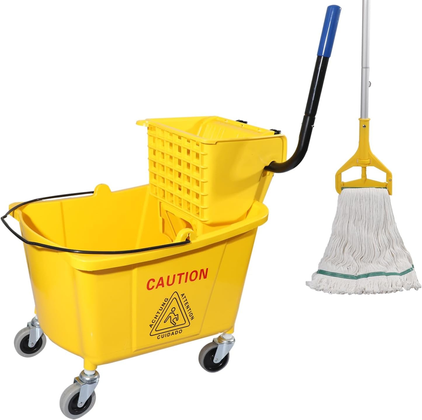 Midoneat Mop Bucket with Wringer, 22 Qt (5.5 Gallon), Handle, Wheels,Floor Cleaning, 16.5" L x 10.6" W x 26.4" H, Yellow,Add One Cotton Mop