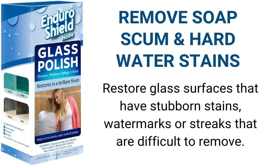 EnduroShield Shower Door Glass Polish – Water Spot Remover & Hard Water Stain Cleaner for Cloudy Shower Doors – Removes Soap Scum, Limescale & More – 7.4 fl oz